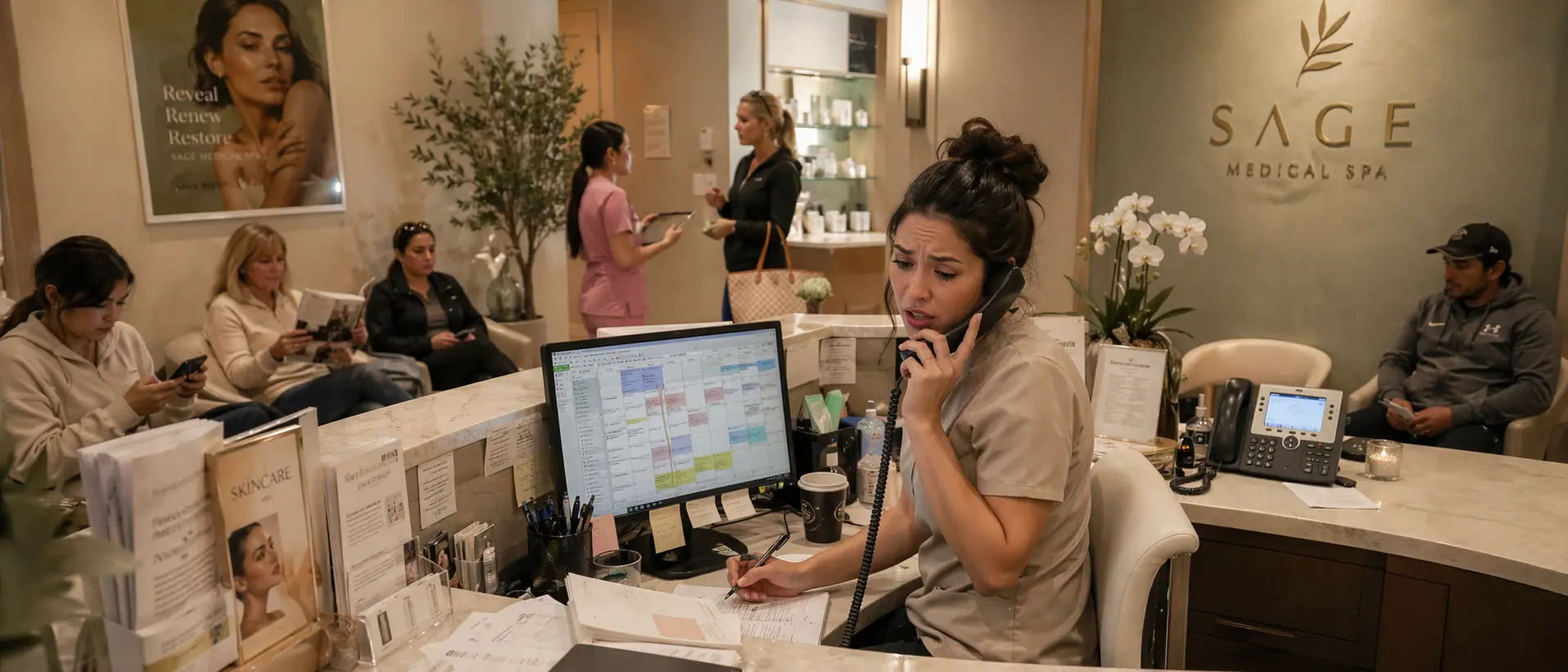 Busy med spa reception desk with phone ringing and overwhelmed staff — missed calls cost clinics thousands per week